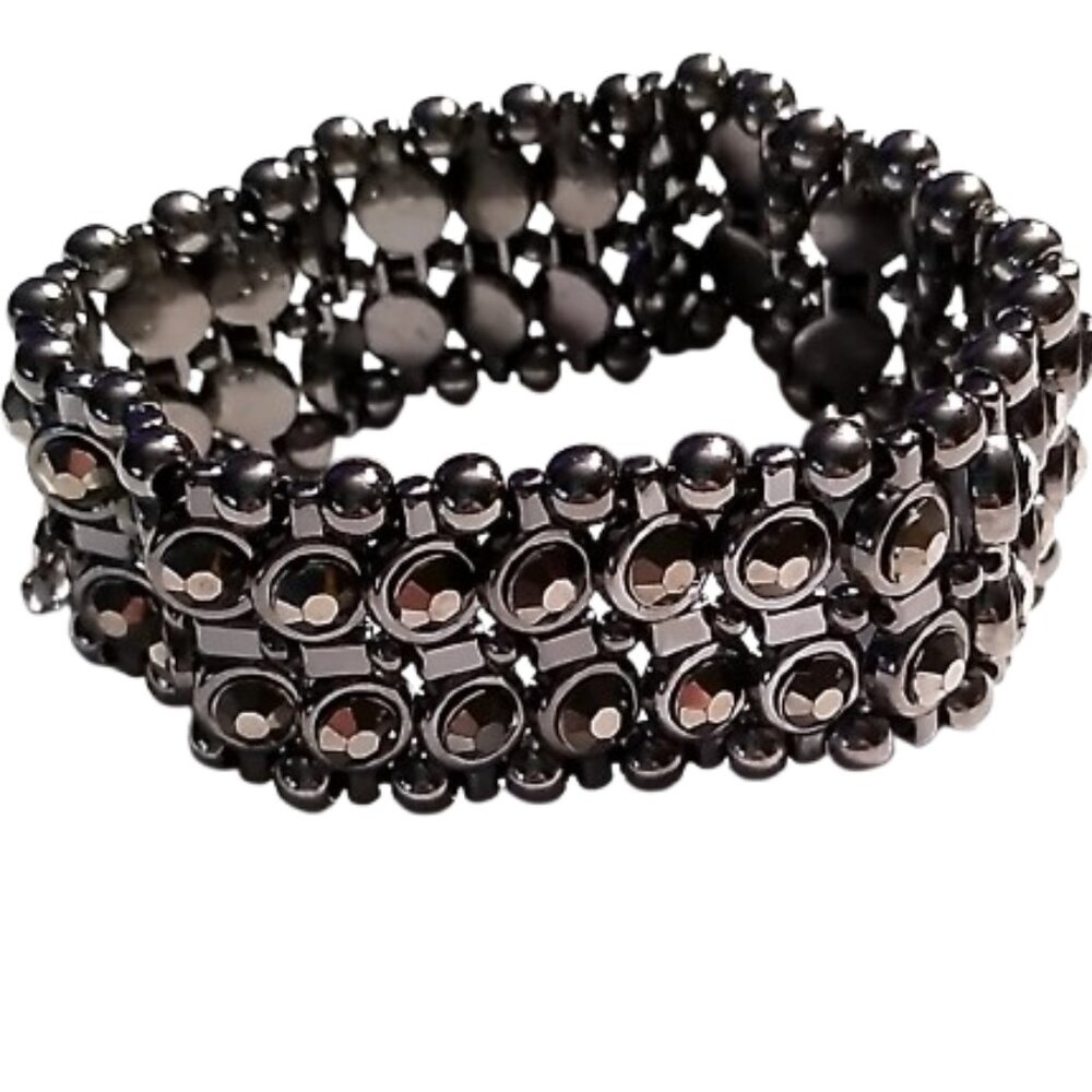 Black Gunmetal Multi-Row Faceted Crystal and Round Beaded Stretch Bracelet